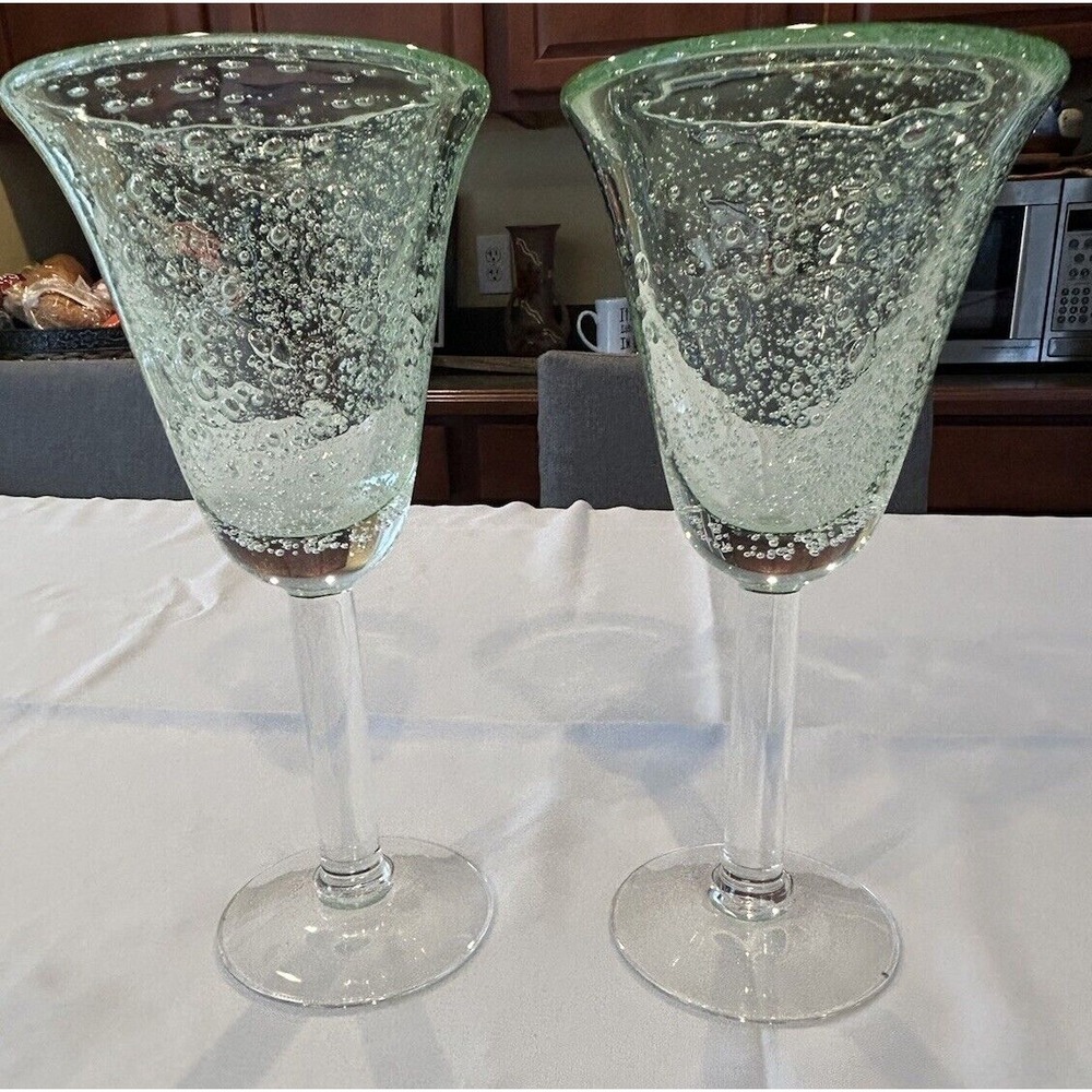 Pale Green Hand Blown Wine Glass Goblet Bubbles Clear Stem for set of 2 - Picture 1 of 10